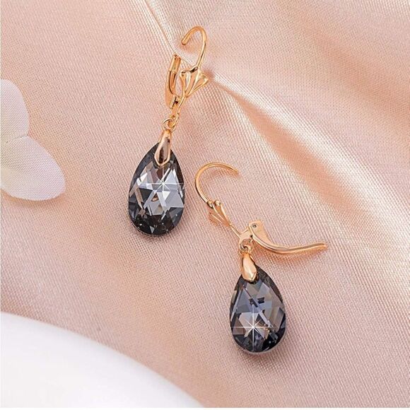 14K Yellow Gold with Charcoal Gray Austrian Crystal Teardrop Leverback Earrings - Picture 3 of 6